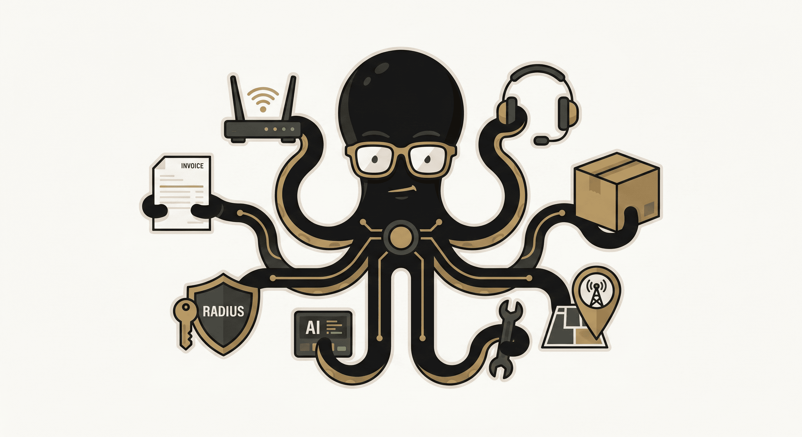 The ISPAgents Operator — an octopus coordinating billing, RADIUS, routers, support, field work, and AI across an ISP